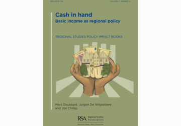 olive green cover of the policy impact book 7.2, with title Cash in Hand, subtitle Basic income as regional policy. The image is of two hands cupped around buildings and money notes. The RSA logo is at the base of the picture.
